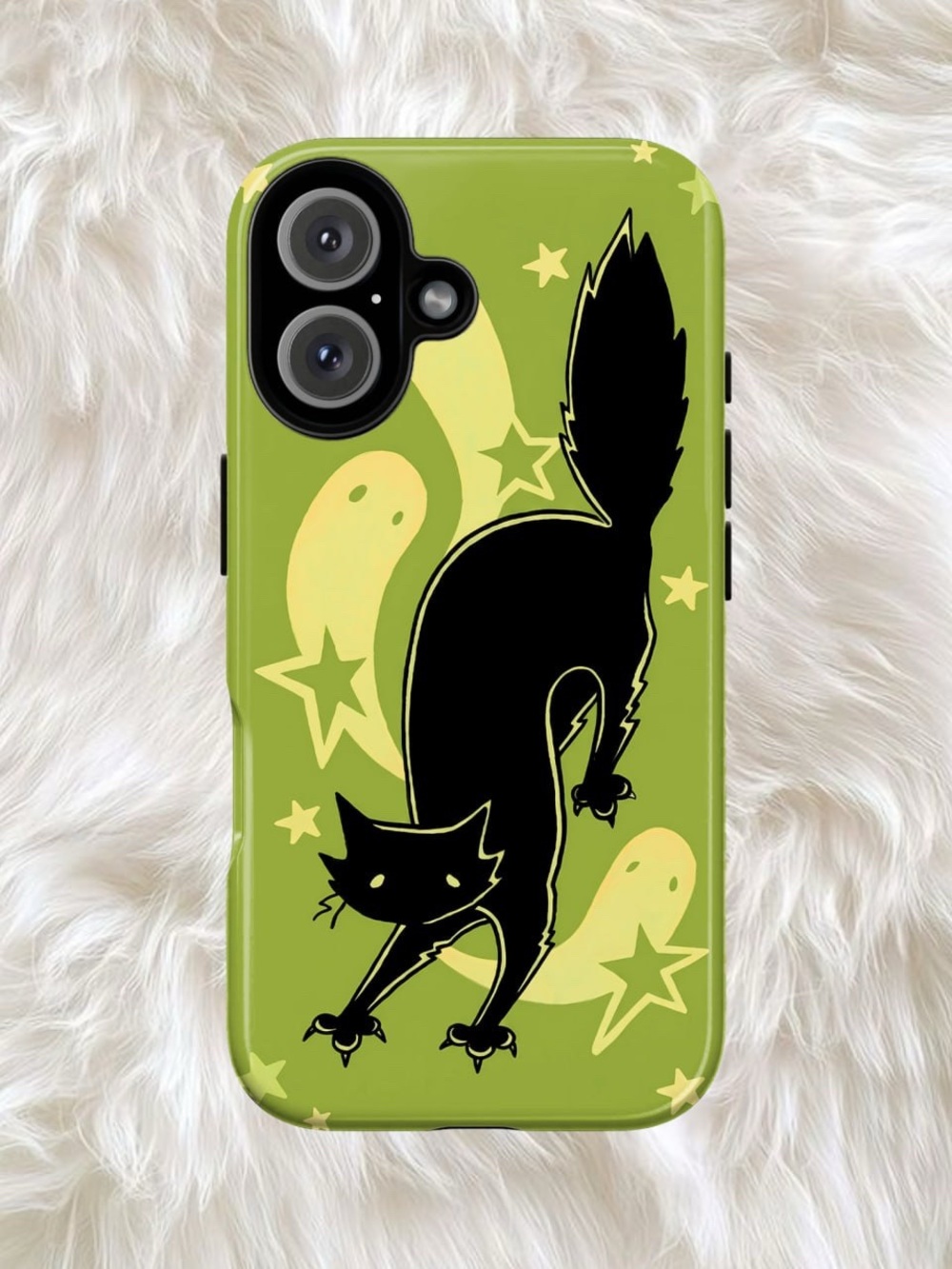 Green Cat Halloween Phone Case - Black Cat Design